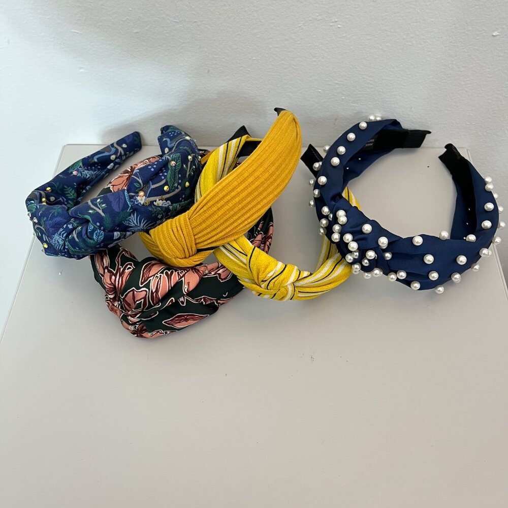 Set Of 5 Women's Knotted Headbands With Floral Pearl & Striped Designs Fabric Ma